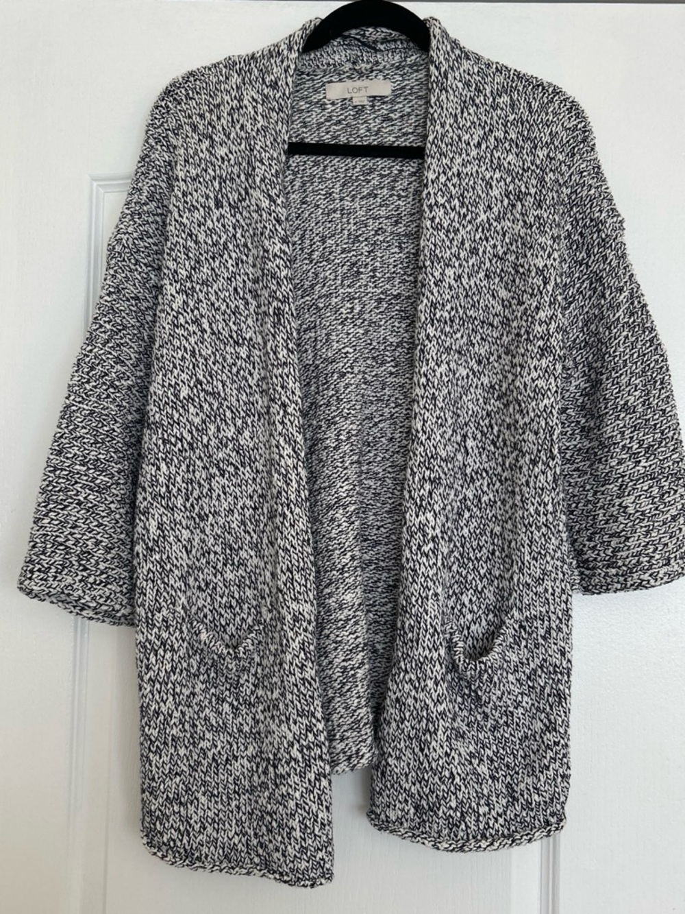 LOFT Navy & White Marled Open-Front Sweater Cardigan